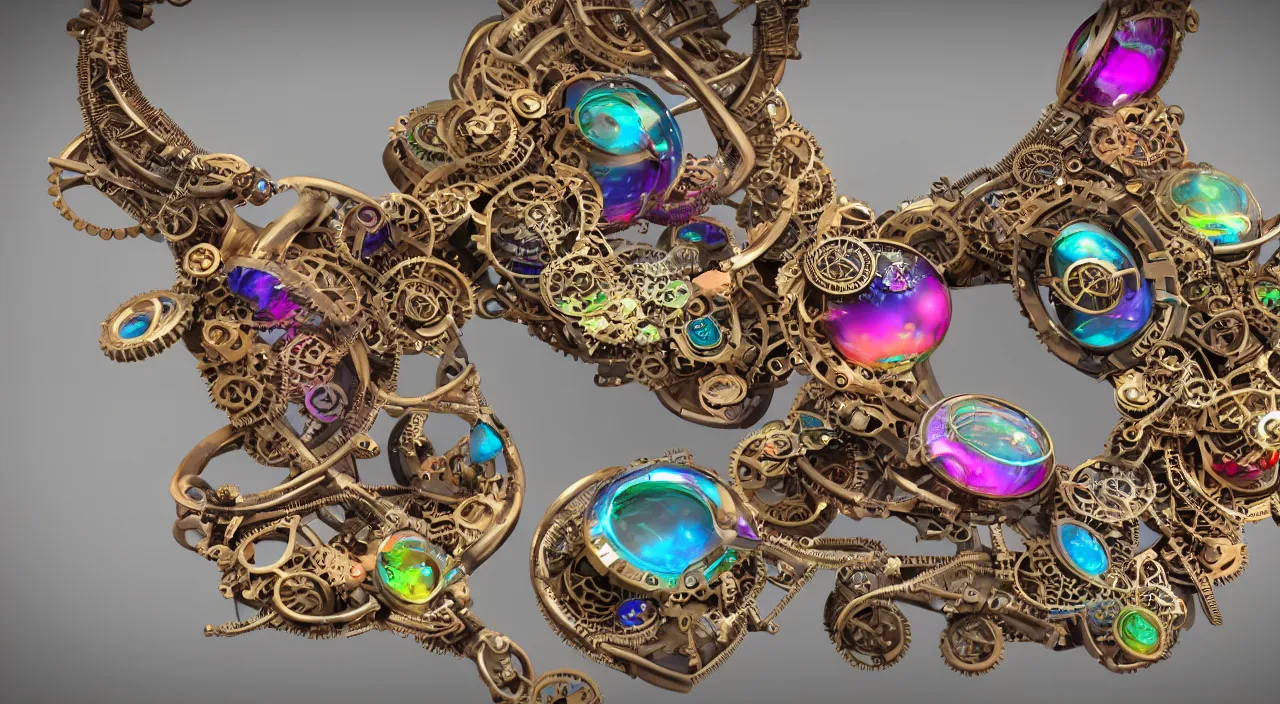 Image similar to steampunk jewelry with rainbow colours, macro photography, F/2.8, depth of field, trending on artstation, octane render
