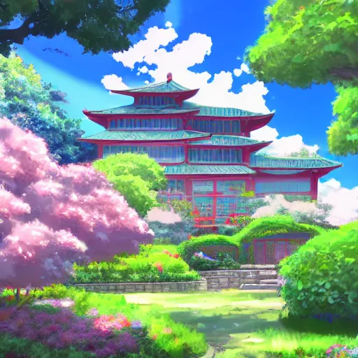 Image similar to a house with a beautiful garden and a blue sky with clouds in anime style, in the style of Lampbo Chun on ArtStation and Son Rice on ArtStation, 4k,