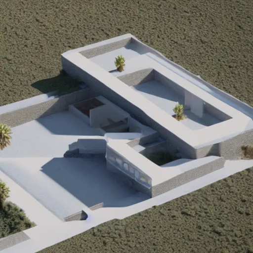 Prompt: brutalist villa in middle of a desert, aerial view, photorealistic render in octane