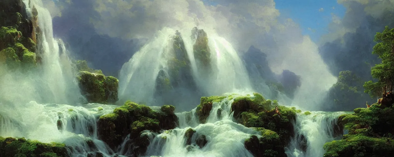 Prompt: cascading waterfalls in paradise , Ivan Aivazovsky, Christopher Balaskas, Noah Bradley, Albert Bierstadt, Jim Burns, Edwin Church, Frederic Thomas Cole, Brown Durand, Asher David Friedrich, Caspar James Gurney, Johnson Heade, Martin Raphael Lacoste, Ted Nasmith, Andreas Rocha, Christophe Vacher