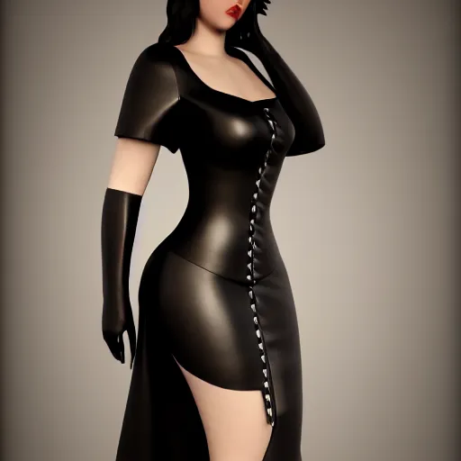 Image similar to curvy feminine hot goth cutie with sublime modest elegant patterned leather neck-high gown, leather stockings, cgsociety, photorealistic, comfy ambience, idealistic, 16k, smooth, sharp focus, trending on ArtStation, volumetric lighting, fully clothed, worksafe