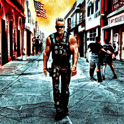 Prompt: duke nukem walking in a street, digital art