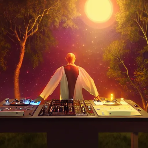 Prompt: A long shot of a man djing at night under the stars, beautiful, digital art, artstation, hyperrealistic, 8k, unreal engine, octane render, trending on artstation, art by Artgerm and Greg Rutkowski and Alphonse Mucha