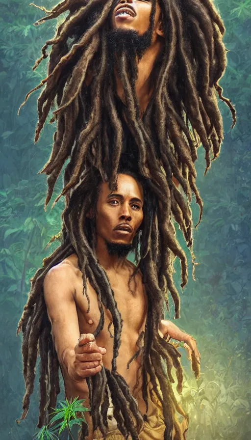 Image similar to impressive cottagecore bob marley , black rasta Hair, cannabis plants background, intricate, elegant, highly detailed, digital painting, artstation, concept art, smooth, sharp, focus, illustration, art by artgerm and greg rutkowski and alphonse mucha