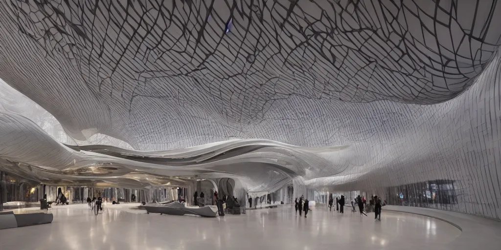 Prompt: extremely detailed ornate stunning sophisticated beautiful elegant futuristic museum lobby interior by Zaha Hadid, stunning volumetric light, stainless steal, concrete, translucent material, beautiful sunset, tail lights