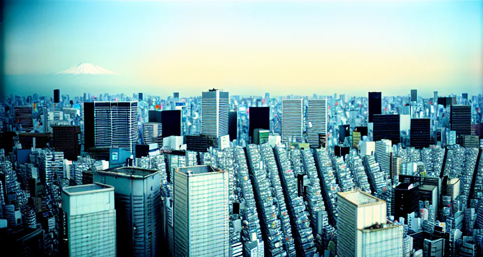 Image similar to photograph of the tokyo skyline, shot on cinestill 5 0 d with a 3 5 mm lens aperture f / 8, dynamic composition, high camera angle, wide angle, full frame, full res, pinpoint sharp focus, hyper realistic