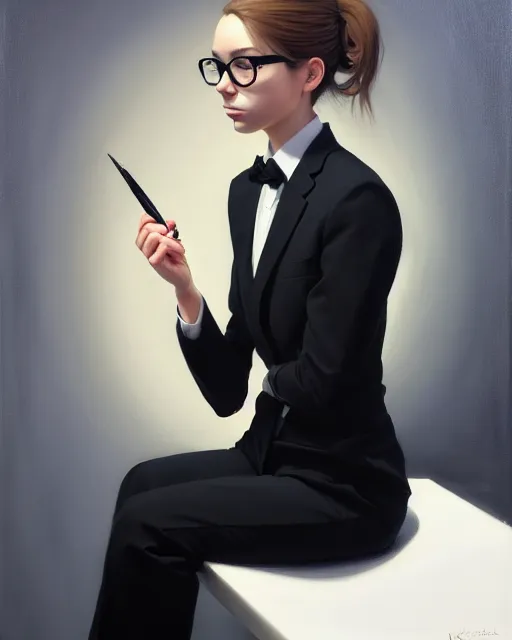 Image similar to a ultradetailed beautiful portrait panting of a stylish woman wearing a black loose fit suit with a tie, oil painting, by ilya kuvshinov, greg rutkowski and makoto shinkai, trending on artstation