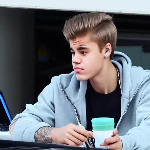 Prompt: Justin Bieber riding inside of a ferry works on a laptop writing code