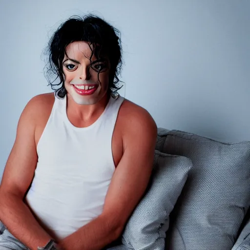 Image similar to Portrait Photo of Michael Jackson smiling creepy into the camera wearing a bikini, gray hair, smiling softly, realistic, 4k/8, real, photoshooting, relaxing on a modern couch, interior lighting, cozy living room background, medium shot, mid-shot, soft focus, professional photography, Portra 400