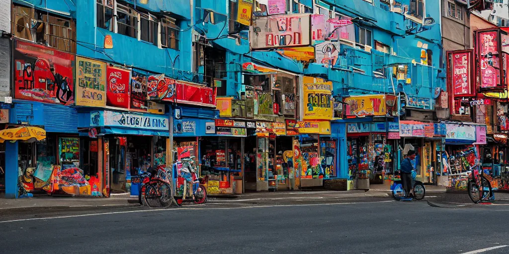 Prompt: City Street, Intersection, Storefront, alleyway, beer advertisement, bicycle in background, blue chairs, blue table, city street lights, clumps of bananas, colored light, colorful umbrella, convenience store, dark blue sky, dingy city street, exiting store, getting groceries, hilly road, korean writing, looking down street, moped, raining, smoking outside, tan suit, wet road, wet street, white shoes, wires hanging above street, wires in background, very high quality photography, dusk, cinematic.