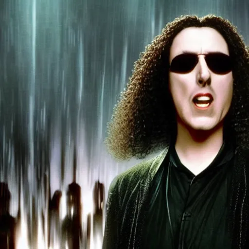 Image similar to a film still of weird al starring as neo in the matrix