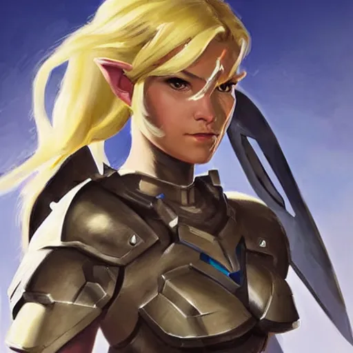 Image similar to greg manchess portrait painting of armored female link from legend of zelda as overwatch character, medium shot, asymmetrical, profile picture, organic painting, sunny day, matte painting, bold shapes, hard edges, street art, trending on artstation, by huang guangjian and gil elvgren and sachin teng