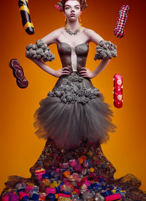 Image similar to expressive full body photo of anya taylor - joy, dress made of sweets and candies, glamour shot, by karol bak, stefan gesell, photorealistic, nikon d 4 x, fashion photography, hyper maximalist, elegant, ornate, luxury, elite, environmental portrait, symmetrical features, octane render, unreal engine, solid dark grey background, dramatic lights