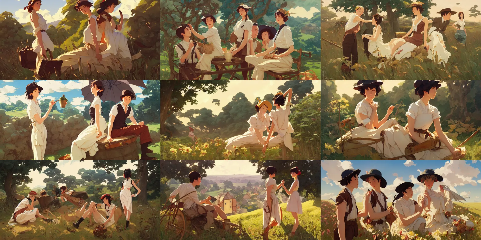 Prompt: countryside, in the style of studio ghibli, j. c. leyendecker, greg rutkowski, artgerm