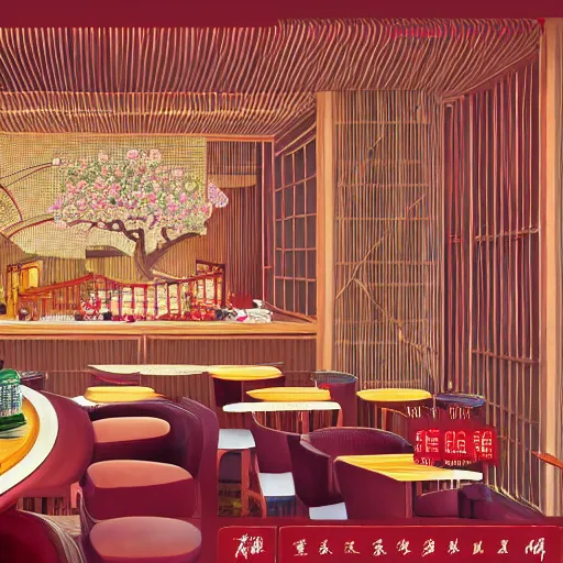 Image similar to a beautiful hyperdetailed interior 4 k hd wallpaper illustration of roasted string hotpot restaurant restaurant yan'an, corner, simple style, wall painting, from china, with merchant logo, simple structure, surrealistic, chinese style, victo ngai