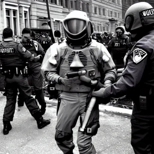 Image similar to extraterrestrial zeta reticulan grey alien, being arrested by spetsnaz