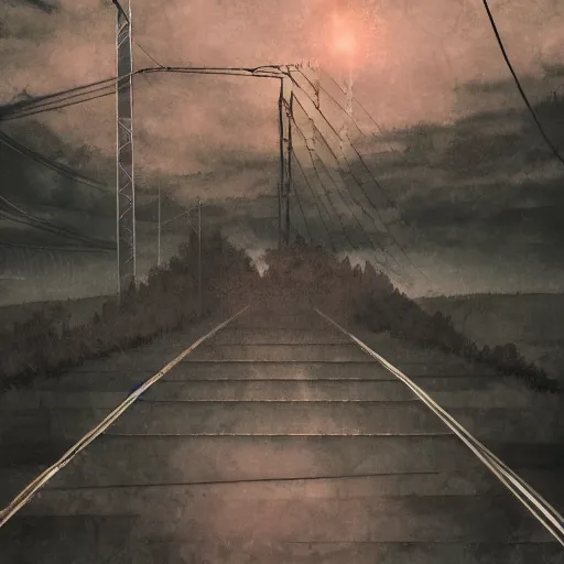 Image similar to heaven path surrounded by power-lines inspired by serial experiments lain scenery overcast sky pixiv scenery art inspired by magical fantasy