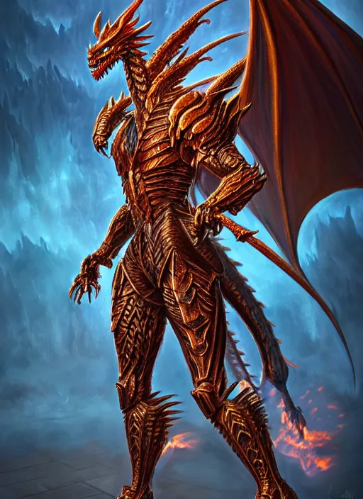 Image similar to muscular and tall ghostly fire humanoid dragon!!!! draconian!! intricate ornate iridescent heavy armor!! character concept art, sharp focus, octane render! unreal engine 5! highly rendered!! trending on artstation!! detailed linework!! illustration by artgerm, wlop, and chie yoshii