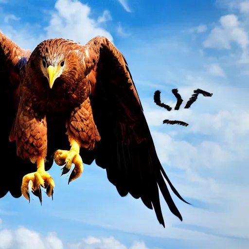 Image similar to cinematic photo of a giant eagle snatching away grimace with its talons, camera is looking up at the subject in the sky with fancy clouds behind