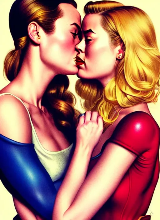 Image similar to brie larson and amber heard kissing, full body portrait, natural lights, photorealism, dramatic, cinematic, art by artgerm, rossdraws, norman rockwell, magali villeneuve, gil elvgren, alberto vargas, earl moran, enoch bolles