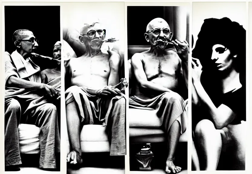 Prompt: Gandhi , Obama, Jesus, And Lady GaGa smoking a fat blunt on a sofa , photograph credit: AP, by Andy Warhol, photograph, by Beeple