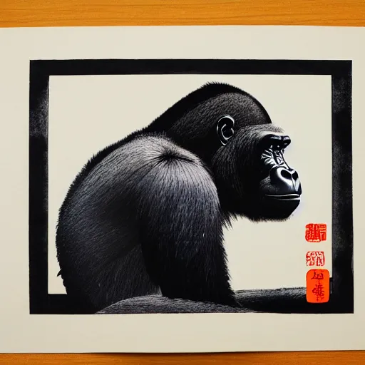 Image similar to japanese ink block painting of a gorilla, 4 k, hyper realistic, dslr, high resolution, landscape, beautiful