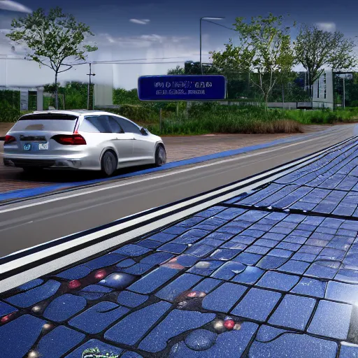 Image similar to automated cars on solar roadways, photorealistic rendering. artstation, 4 k, hyperrealism