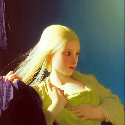 Prompt: a young woman's face, her hair is white and she wears a cobalt blue satin cloak, by ivan aivazovsky and syd mead and moebius and gaston bussiere and roger dean and pieter claesz and paul delaroche and alma tadema and willem claesz and gerard ter borch, hyperrealistic, volumetric light