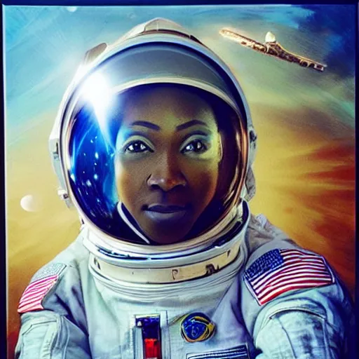 Prompt: “nigerian female astronaut on board international space station wearing space suit and translucent helmet, highly detailed, realistic, portrait, photorealistic, proportional, beauty, fish eye lens, nasa, spacex, in the style of Edward hooper oil painting sun rising”