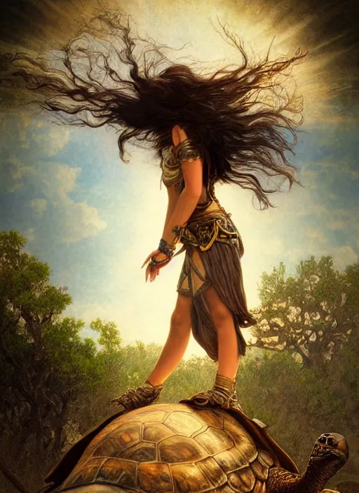 Image similar to a little warrior girl standing on top of one giant turtle in the desert. the girl has dark skin and beautiful green eyes, realistic full body and a very beautiful detailed symmetrical face with long black hair. diffuse light, dramatic sky and landscape, long shot fantasy illustration by mucha