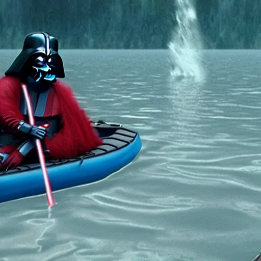 Prompt: darth vader fighting pennywise the clown on a kayak in the middle of a creepy lake, ultra high def, hyper realistic, photo