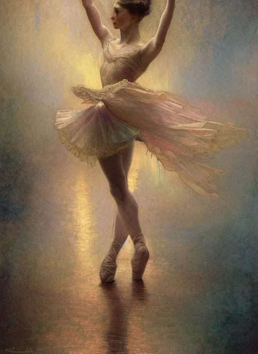Image similar to a beautifull intricate chalk painting of a dancing ballerina, reflexions, verry high details by william turner art, greg rutkowski and alphonse mucha, trending on artstation, very very detailed, masterpiece, muted colors
