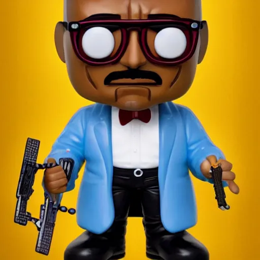 Prompt: funko pop gustavo fring. half face. death scene from breaking bad. toy design