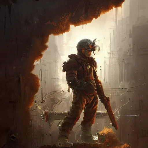 Prompt: A apocalyptic Mario(From mario), Illustration, By Greg Rutkowski,close up,highly detailed