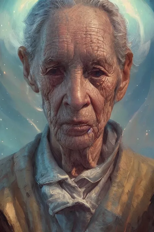 Image similar to the look of an elderly person 4 2 2 4 full of wrinkles and imperfections by artgem and greg rutkowski, highly detailed, high contrast, light reflection, trippy, nebula, trending on artstation