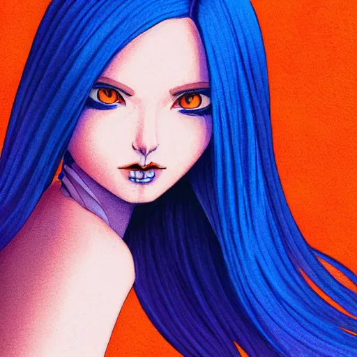 Image similar to illustrated portrait of orange-skinned devil woman with blue hair cut in a bob by rossdraws