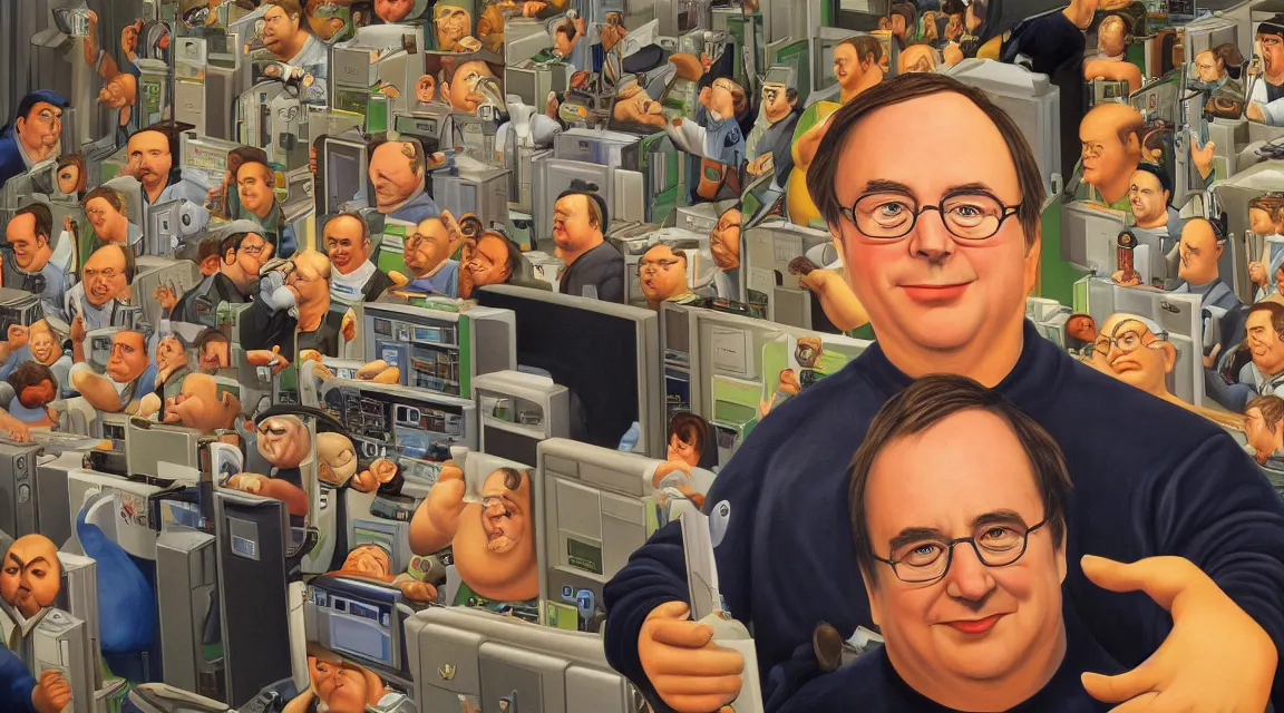 Image similar to Wallpaper of Linus Torvalds in a datacenter painted by fernando botero