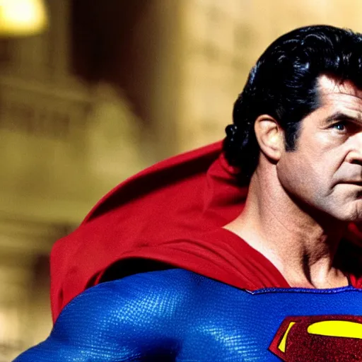 Prompt: Mel Gibson as superman, movie still, 4K, high quality