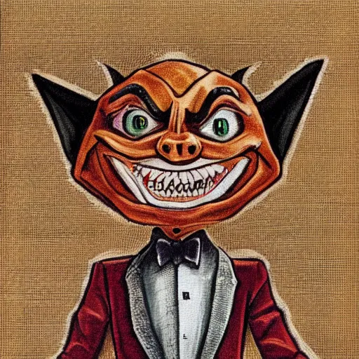 Prompt: charismatic goblin with little smile in suit, art on papyrus, symmetrical