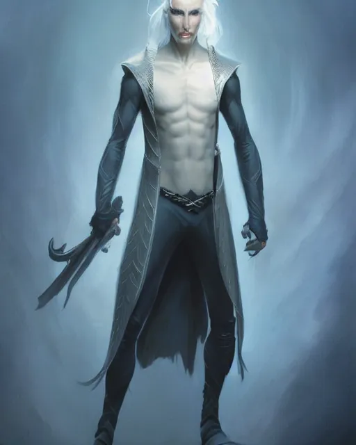 Image similar to character portrait of a slender young half elven man with white hair, piercing bright blue eyes, and pale bluish skin, by greg rutkowski, mark brookes, jim burns, tom bagshaw, trending on artstation