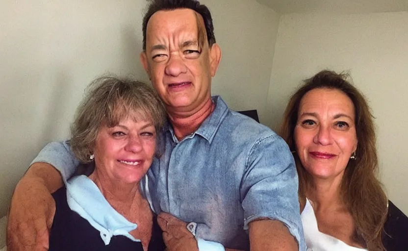 Image similar to my aunt look like Tom Hanks if he was a woman lol, close-up, uncomfortable, phone quality, camera flash on, viral photo, viral on instagram