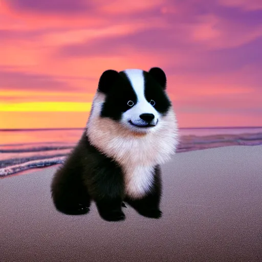 Prompt: a closeup photorealistic photograph of a panda themed Pomeranian puppy at the beach during sunset This 4K HD image is Trending on Artstation, featured on Behance, well-rendered, extra crisp, features intricate detail and the style of Unreal Engine.