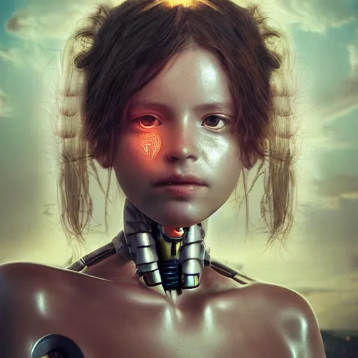 Prompt: Beautiful Fine art photography portrait of a solarpunk half robot half human girl with real human face, highly detailed, photorealism, cinematic lighting 8k