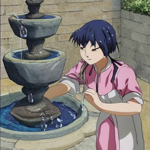 Prompt: jirou kyoka, pouring water from vase into stone fountain, isekai background style.