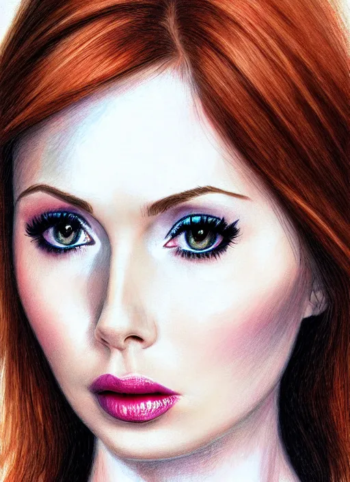 Image similar to sultry look in her eyes Karen Gillan close-up portrait looking straight on, complex artistic color pencil sketch illustration, full detail, gentle shadowing, fully immersive reflections and particle effects.