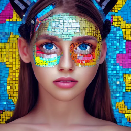 Image similar to portrait mosaic of a beautiful cute girl with robot ears and eyes, 4k, intricate details