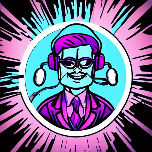 Image similar to svg vector sticker of absolutely insane-mad-scientist-villain, rocking out, wearing headphones, huge speakers, dancing, rave, DJ, spinning records, digital art, amazing composition, rule-of-thirds, award-winning, trending on artstation, featured on deviantart