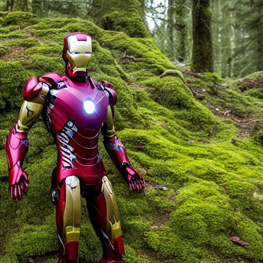 Image similar to abandoned iron man suit in the middle of the forest, overgrown by moss, 4k realistic photo