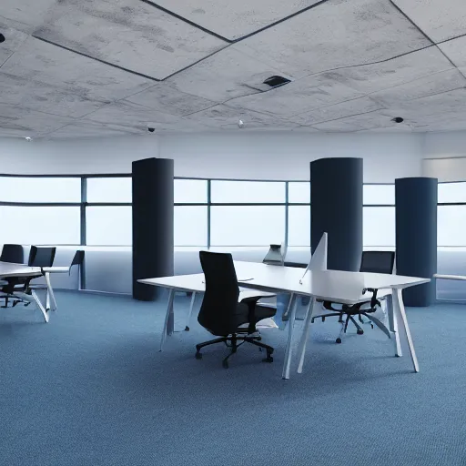 Prompt: interior shooting offices enviroment, open plan, perspective view Minimalist office in Scandinavian style, city, reception, blue color, carpets floor design, steelcase furniture, open area, meeting rooms, minimal, realistic, photo-realistic maximum detail, Archviz, octane render, geometric design, design 8k resolution