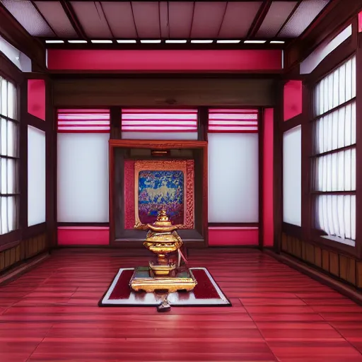 Image similar to shintoist temple interior, detailed, jewelry, sakura,photograph, award wining, red and white, trending on artstation, 4k, unreal engine 5, octane render, neon highlights